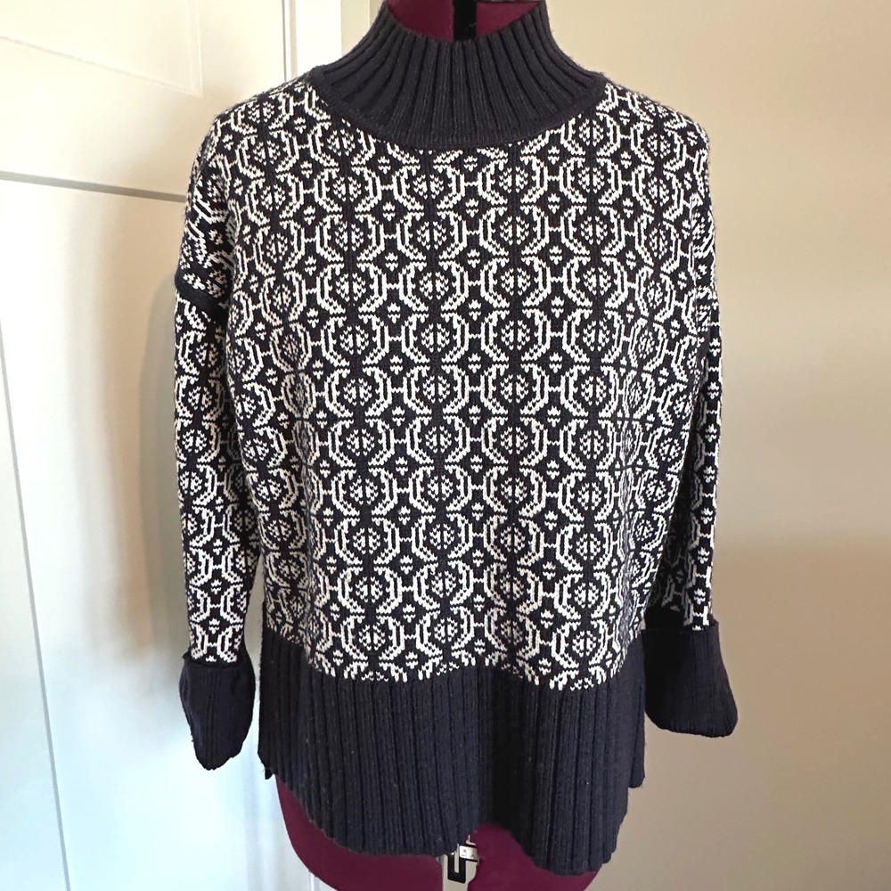 Free Assembly Womens Navy White Fair Isle Mock Neck Ribbed Knit Sweater Medium